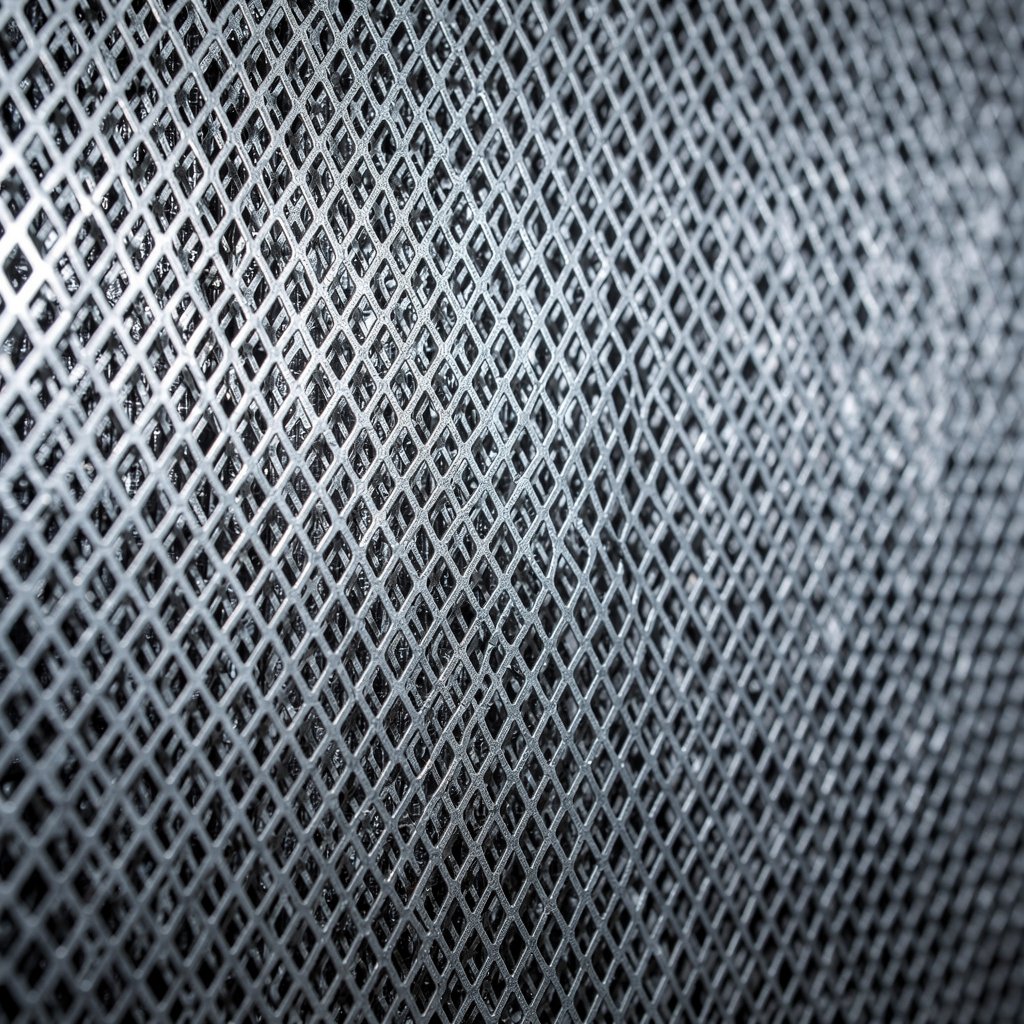 Filter made of expanded metal (tahokov), diamond mesh pattern, industrial look, stainless steel.