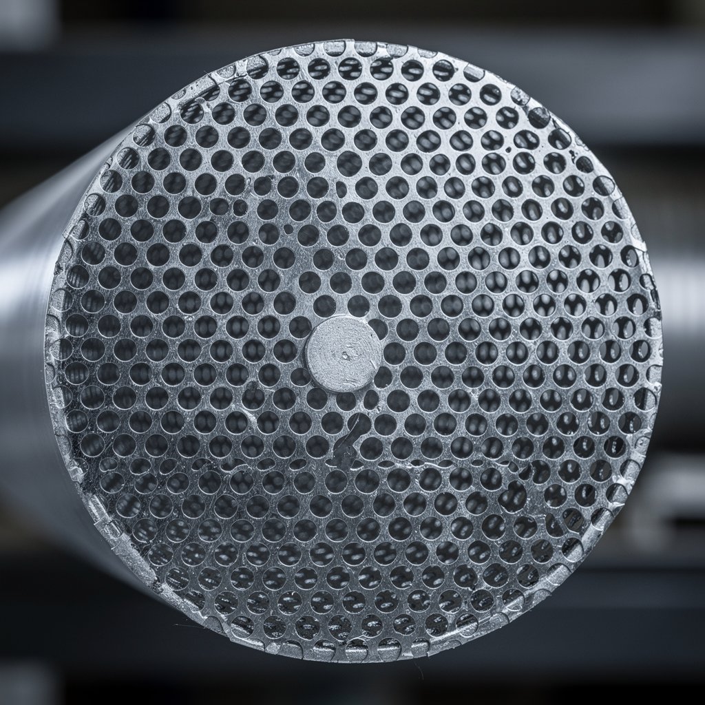 Industrial filter made of perforated metal sheet, circular shape, detail of holes, metallic texture.