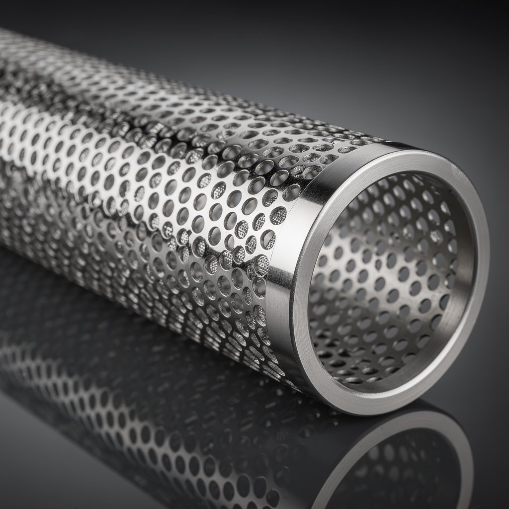 Detail of a cylindrical industrial filter made of perforated stainless steel sheet, professional studio lighting, technical photography.